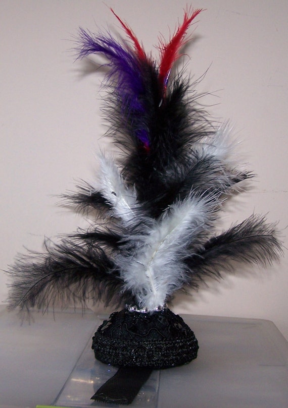 Horse Bridle Plume Black and White with Red & Purple