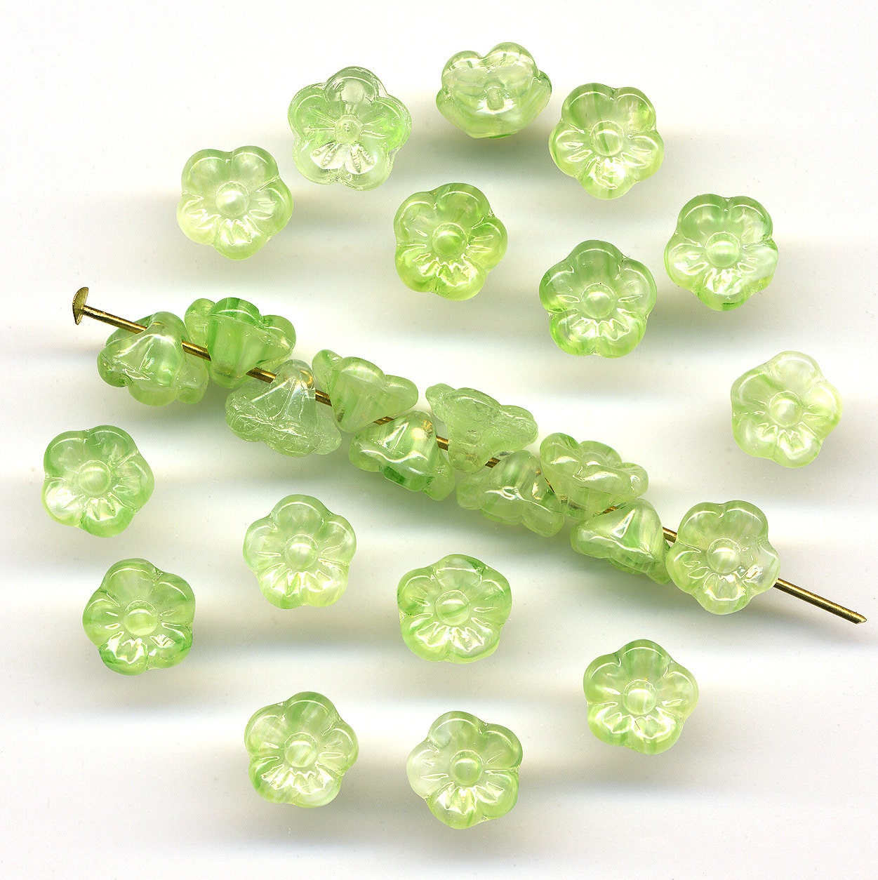 Vintage Green Flower Beads 7mm Glass Button Back Western