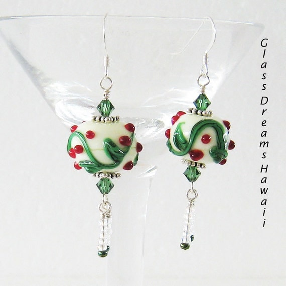 Lampwork Earrings, Glass Dangle Earrings, Holiday Holly Earrings, Christmas Earrings,Handmade Festive Earrings, unique Earrings, Earrings