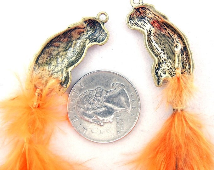 Pair of Burnished or Antique Gold-tone Parrot with Feathers Charms