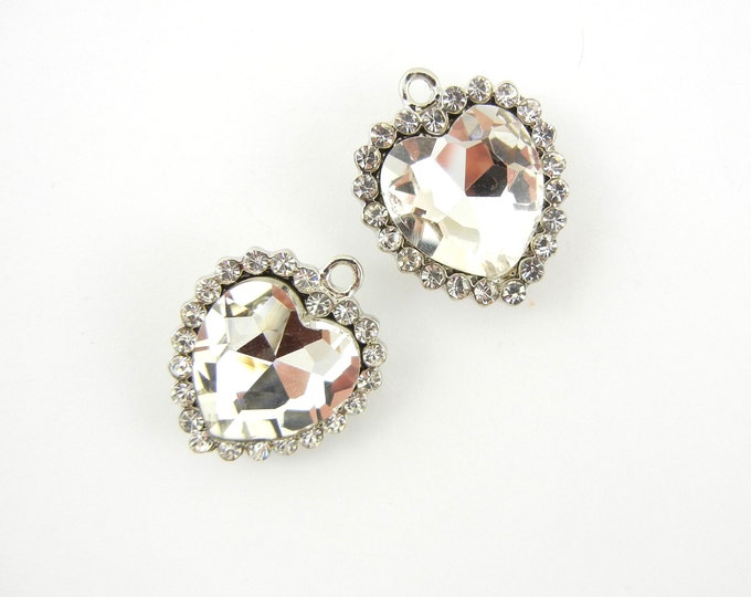 Pair of Crystal Heart Charms Silver-tone Rhinestone Edged