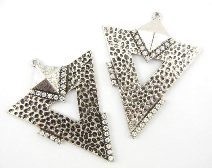 Pair of Large Burnished Silver-tone Textured Triangle Drop Charms Rhinestones