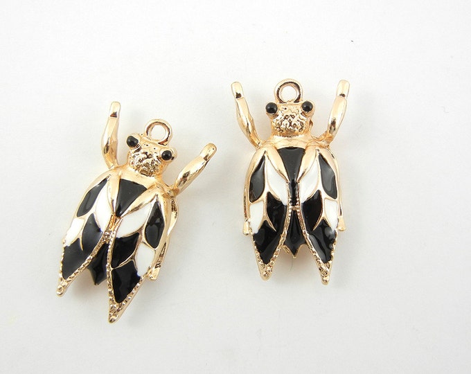 Pair of Fly Insect Charms Gold-tone Black and White Epoxy