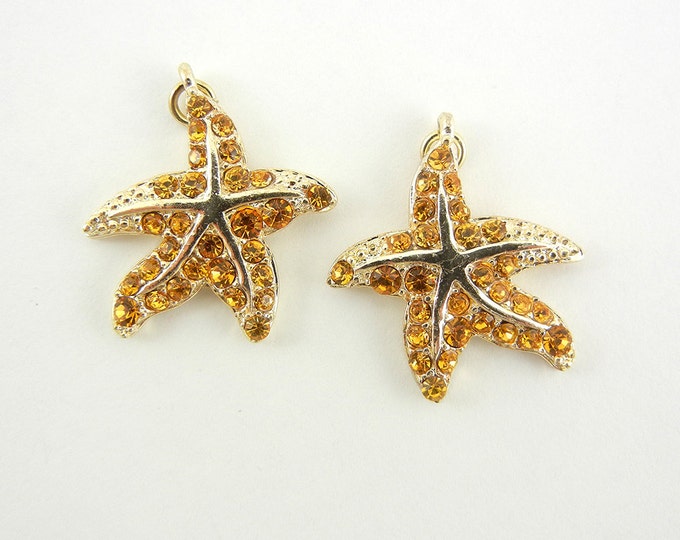 Pair of Small Gold-tone Starfish Charms Topaz Rhinestones