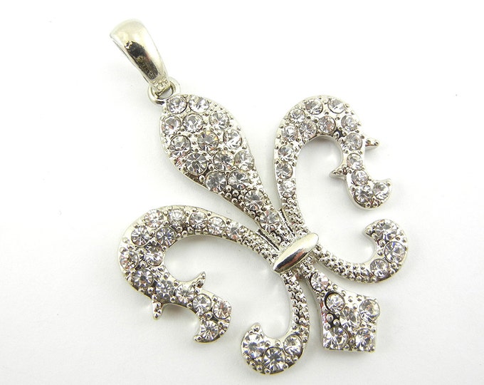 Silver-tone Rhinestone Accented Fleur de Lis Pendant