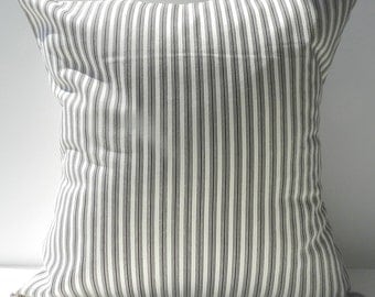New 18x18 inch Designer Handmade Pillow Cases in black on cream ticking stripe