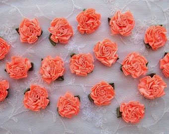 18pc Orange Sherbet Satin Ribbon Fabric Flower Applique Shabby Chic Baby Doll Carnation Cabbage Rose Bow