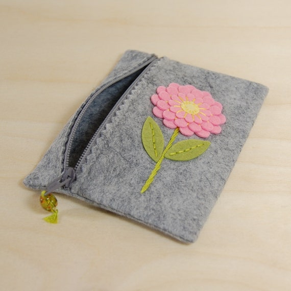Wool Felt Zipper Pouch Pink & Yellow Flower Hand Embroidered