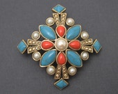 Vintage Brooch Turquoise Coral Pearl Cross Monet P5799