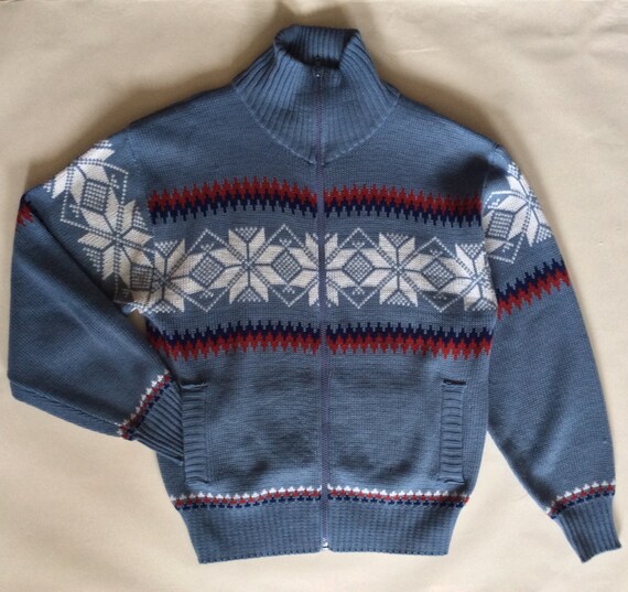 Vintage Fair Isle snowflake pattern zip up cardigan sweater