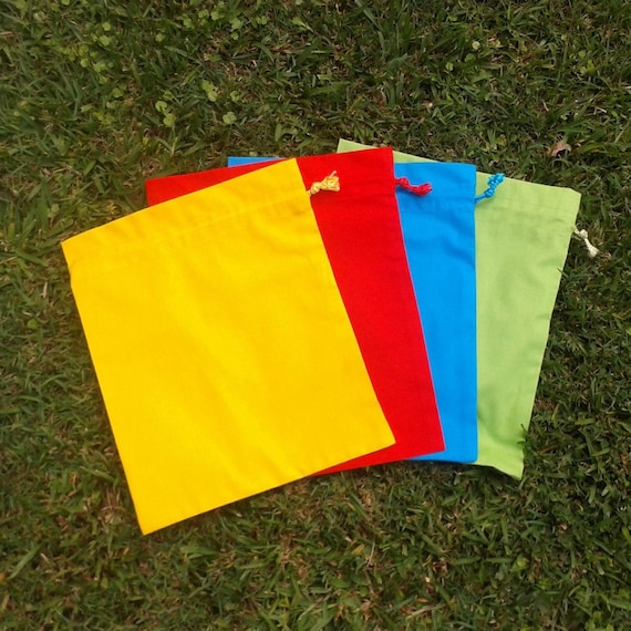 Bulk set of 4 small cotton drawstring bags, primary colours, toy game ...