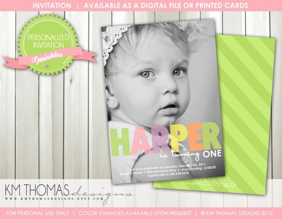 1st Birthday Invitation - Girl Photo Birthday Invitation - Girl Party - Girl Milestone Birthday Invitation - Printable - Item BD102 Il_570xn