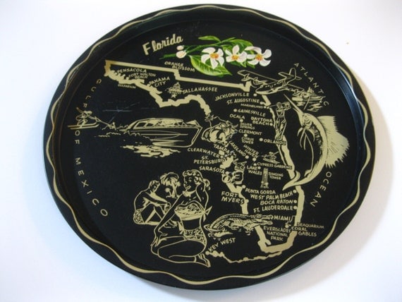 Vintage Florida souvenir serving tray black with gold graphics - 1950s bathing beauty