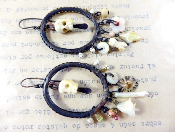 The White Witch. Pale light halloween chandelier dangle earrings bone, pearl, assemblage rustic.