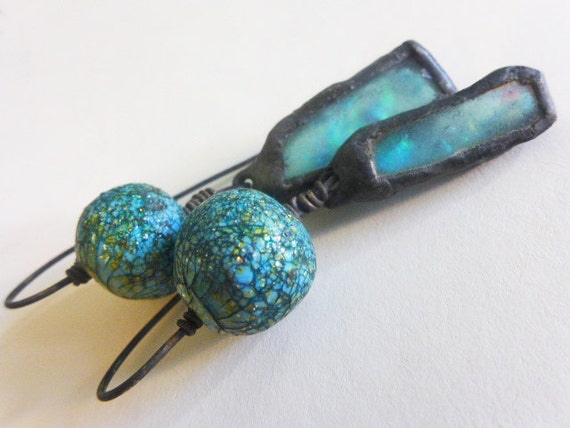The Opposite of Purity. Iridescent cosmic rustic assemblage earrings.