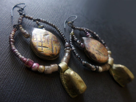 The Waiting Darkness. Rustic assemblage earrings with African prayer beads and art polymer.