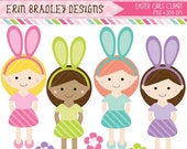 50% OFF SALE Easter Girls Clipart Digital Graphics Girls with Bunny Ears and Flowers Clip Art Set INSTANT Download Il_170x135