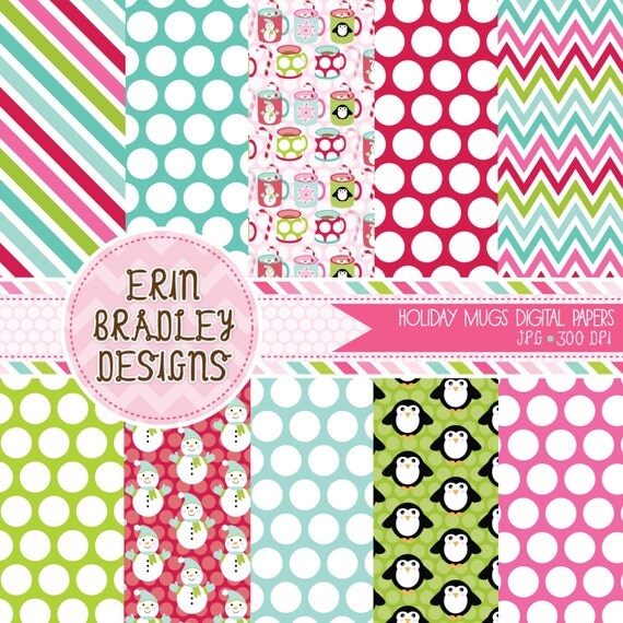 Holiday Mugs Digital Paper Set Commercial Use INSTANT DOWNLOAD Il_570xn