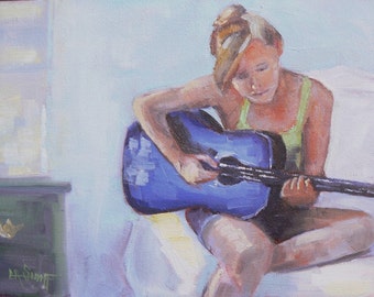 Figurative Painting, Small Oil Painting, Daily Painting, "Guitar Practice" by Carol Schiff, 6x8" Original