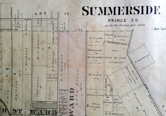 1880 Rare Vintage Map of Summerside PEI First to Third