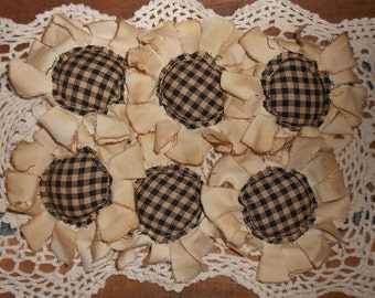 Primitive Grungy Homespun Fabric Flowers Ornies Bowl Fillers Set of 6
