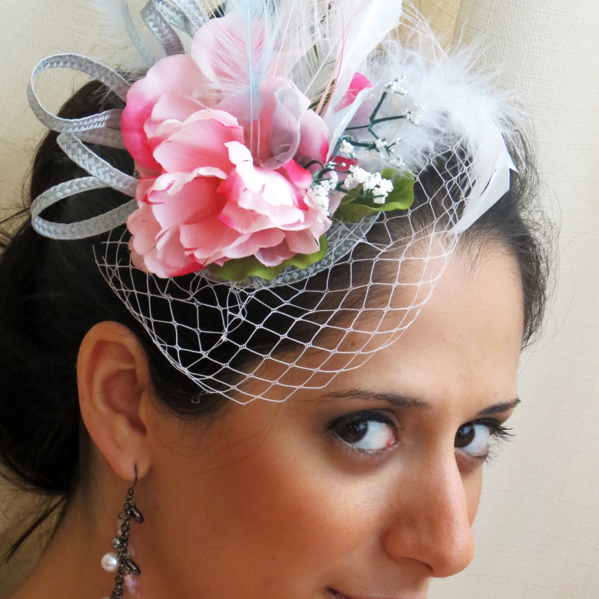 Pink Fascinator Silver Wedding Fascinator Netting Veil