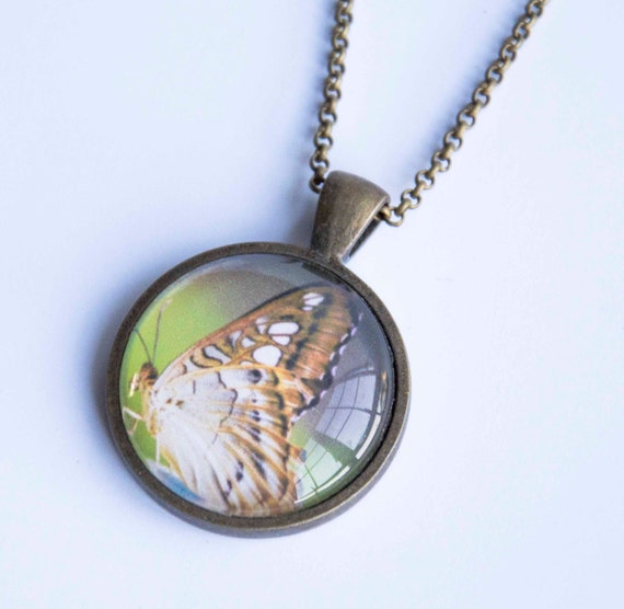 Items similar to Butterfly pendant necklace, photo pendant, brass