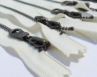 YKK Metal Teeth Zippers-Off White Antique Brass Donut Pull-Color 571 Cream- Available in 9,10,11 or 14 Inches - 5 Pieces