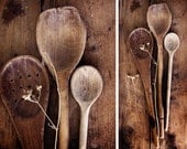 wooden spoons - antique farmhouse set of three - worn and distressed - food photography prop