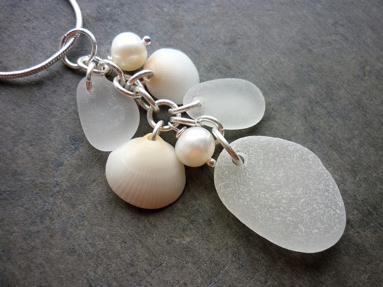 Sea Glass Necklace Sea Shell Pearls Seashell Beach Jewelry