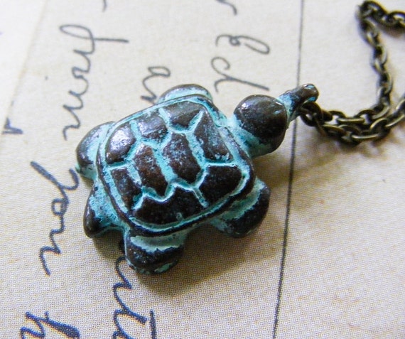 Rustic Greek Green Patina Mykonos Turtle Pendant on Antique Brass Chain