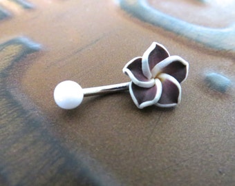 Belly Button Ring Jewelry, Dark Purple Hawaiian Flower Plumeria Belly Ring Hawaii Navel Stud Jewelry Bar Barbell Piercing Tropical Hibiscus
