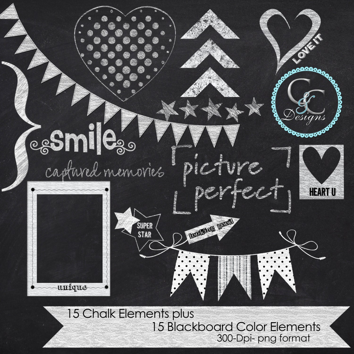 30 Chalkboard ElementsClip Art Pack 15 Chalk Elements and 15