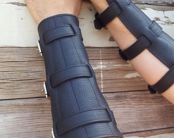 Steampunk Black Leather Bracers or Gauntlets with Nickel Hardware