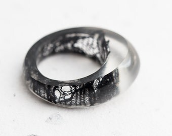 Black Lace Resin Ring Oval Oblong Smooth Ring OOAK french vintage lace gothic eco friendly resin jewelry