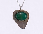Fall leaf - etched patinaed sterling silver and aventurine pendant, gemstone and silver pendant