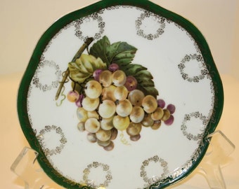 Bavarian Porcelain Plate with Grapes, Hand Decorated, Gold Trim