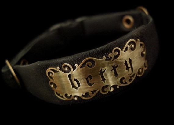 Fancy Custom Cat Collar Black Leather and Gold Brass with