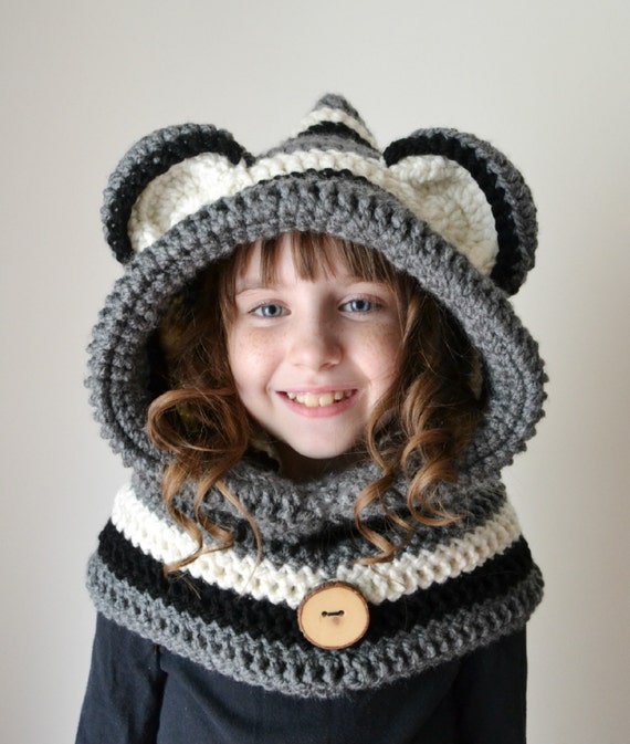 Raccoon Hat - Raccoon Hoodie - Raccoon Cowl - Animal Hat - Hooded Scarf - Crochet Hoodie - Chunky Crochet Hat