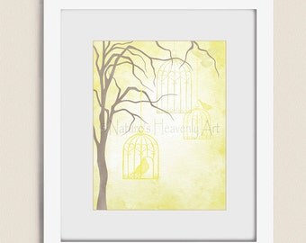 Yellow Wall Decor Hanging Bird Cages, 11 x 14 Artwork for Home or Office, Bird Wall Art Print (194)