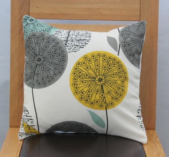 Cushion cover blue teal mustard yellow dandelion blue by VeeDubz