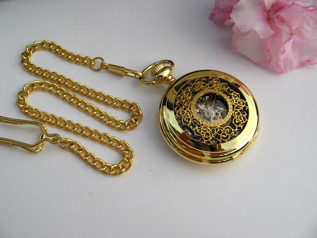Pocket Watch - Gold and Black Mechanical Pocket Watch with Chain - Steampunk - Men - Groomsmen Gift - Watch - MPW111