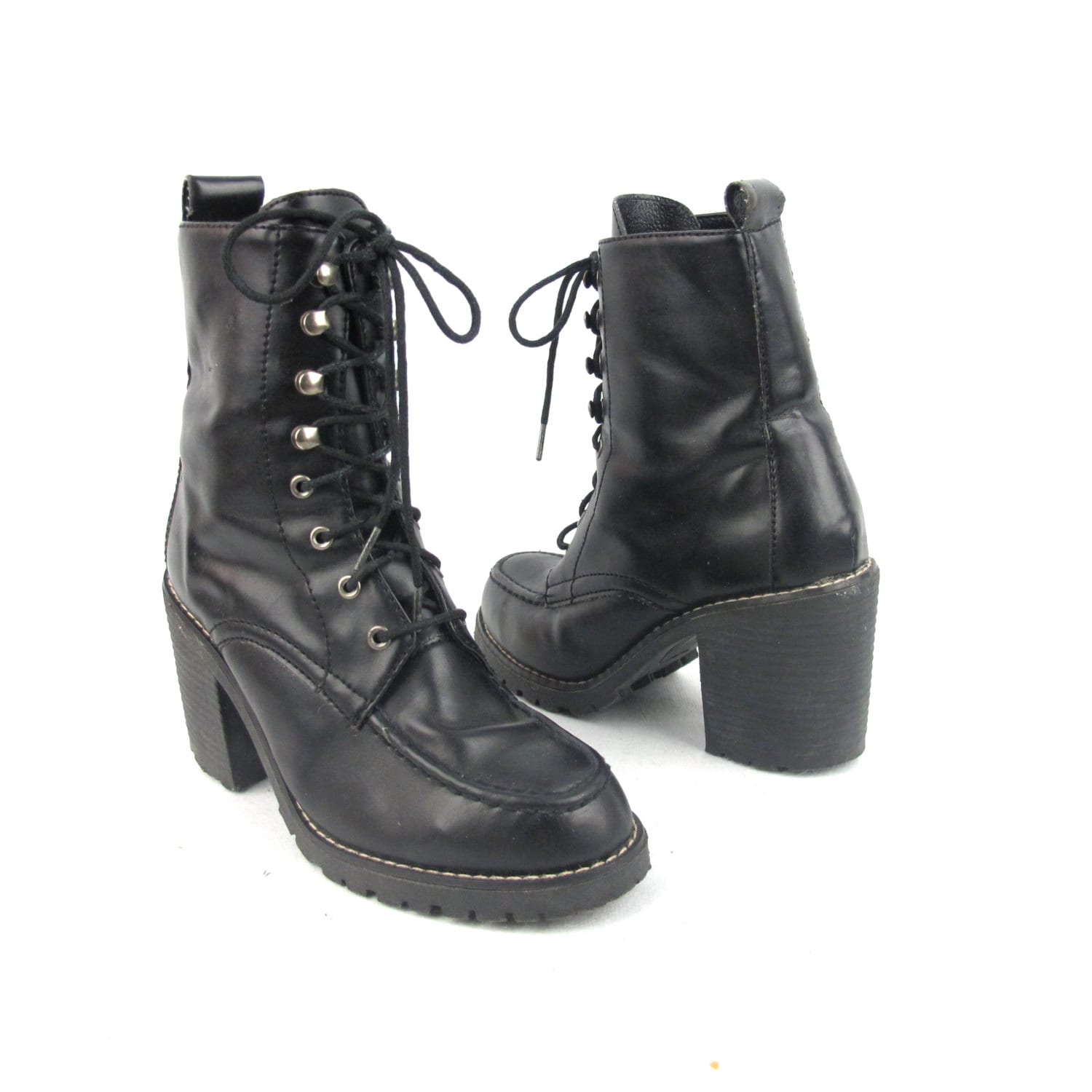 90s Grunge Lace Up Boots Black Chunky Heel Ankle Boots Vegan