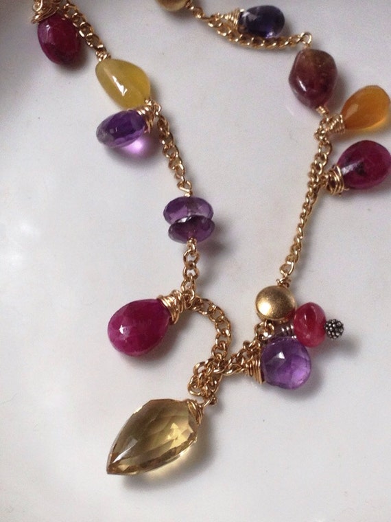Exotic Ruby Briolettes Necklace w Champagne Topaz Yellow
