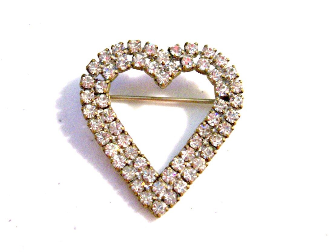 Vintage 1950's Rhinestone Heart Brooch Pin Double Layer