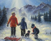 Children in snow Original Oil Painting 16X20, three children, snow paintings, three kids, snow, mountains, heavenly, Vickie Wade Art