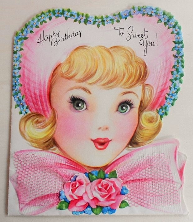 Vintage GIRL Happy BIRTHDAY Greeting CARD by pinkchicboutique