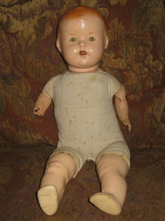 Antique Composition Doll Cloth Blinking Eyes Teeth Early 1900s