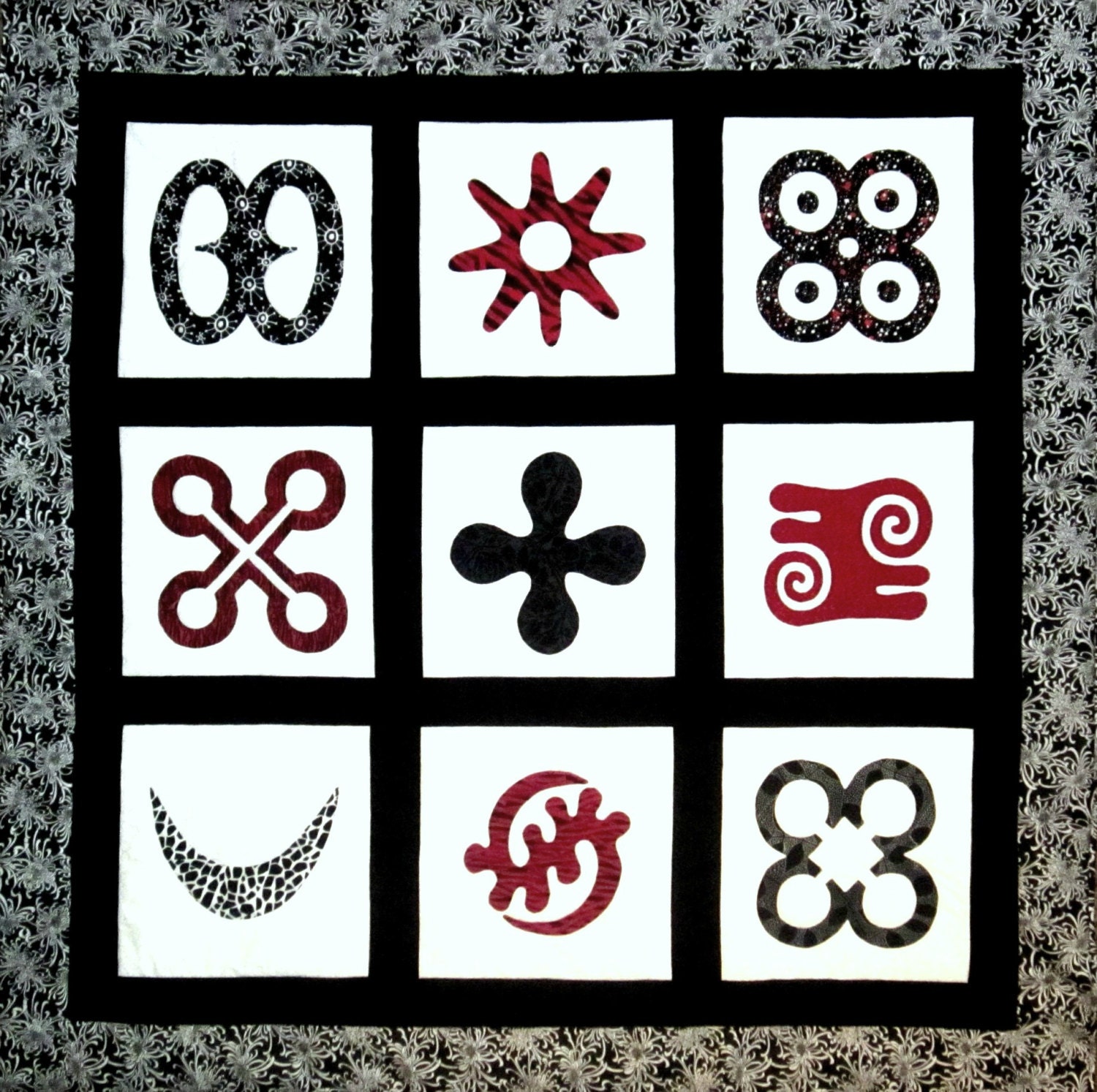 Adinkra Symbols Quilted Wall Hanging in Red White and Black