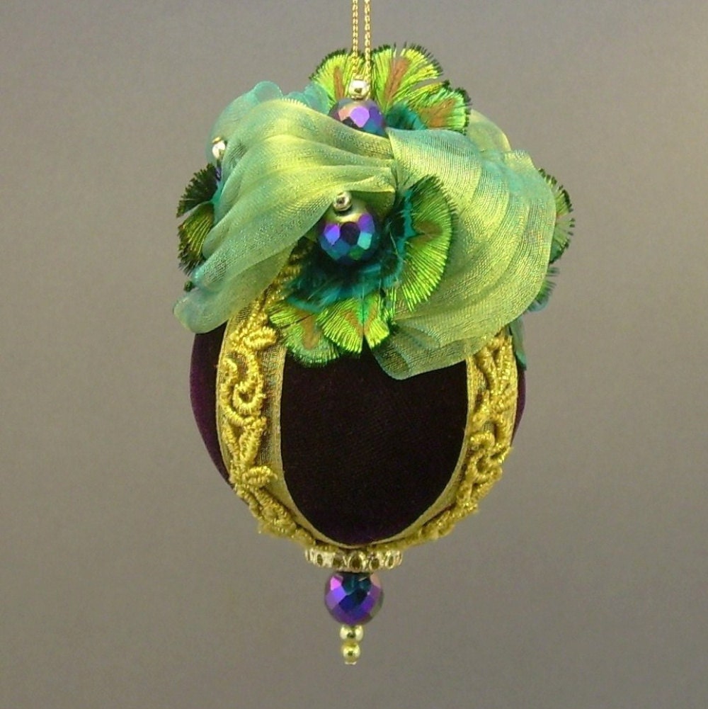 Towers & Turrets- "Flights of Fancy" -Plum Purple Velvet Ball Christmas Ornament with Peacock Feathers- Victorian Inspired, Handmade